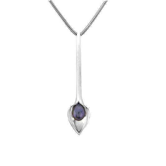 silver pendant that looks like a cala lily with a freshwater pearl, handmade jewellery made in Yorkshire, Amanda Cox, Hebden Bridge bridal jewellery