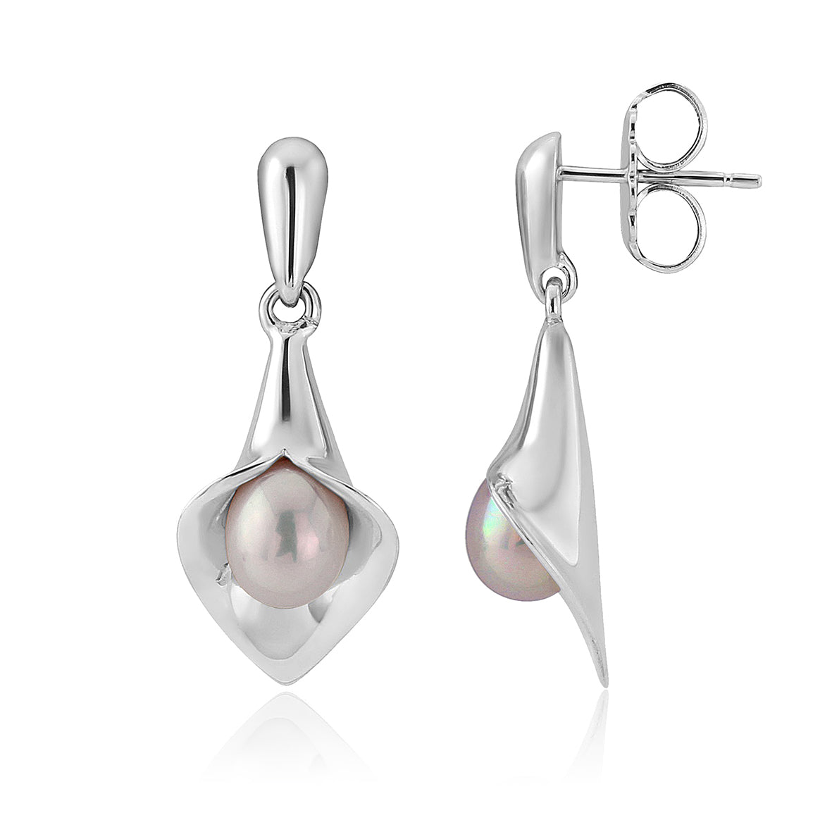 silver drop earrings that look like a Cala lily with a freshwater pearl, handmade jewellery made in Yorkshire, bridal jewellery handmade, Amanda Cox, Hebden Bridge