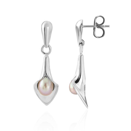silver drop earrings that look like a Cala lily with a freshwater pearl, handmade jewellery made in Yorkshire, bridal jewellery handmade, Amanda Cox, Hebden Bridge