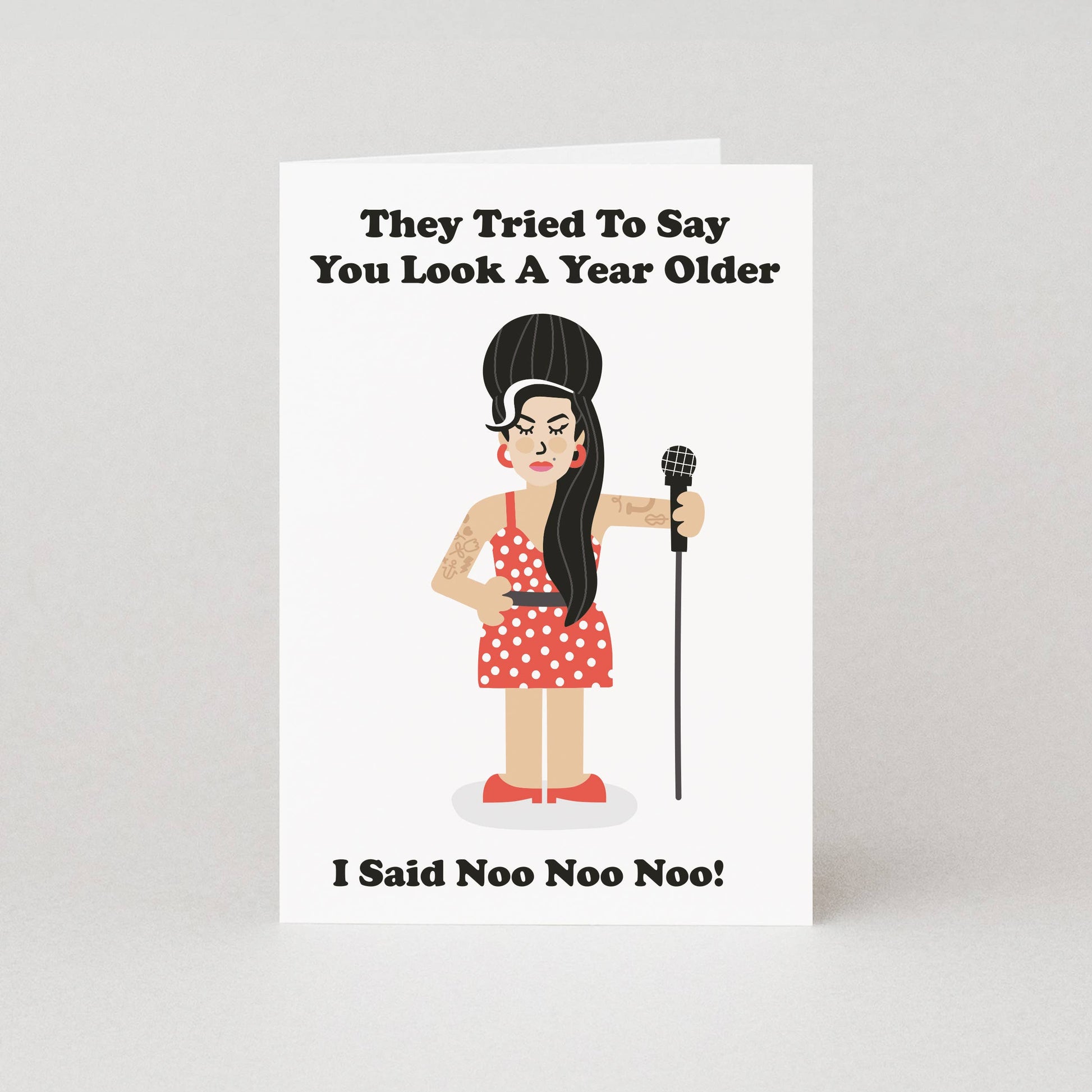 white birthday card with Amy Winehouse illustration, humourous card