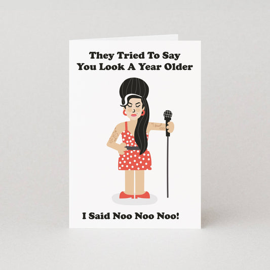 white birthday card with Amy Winehouse illustration, humourous card
