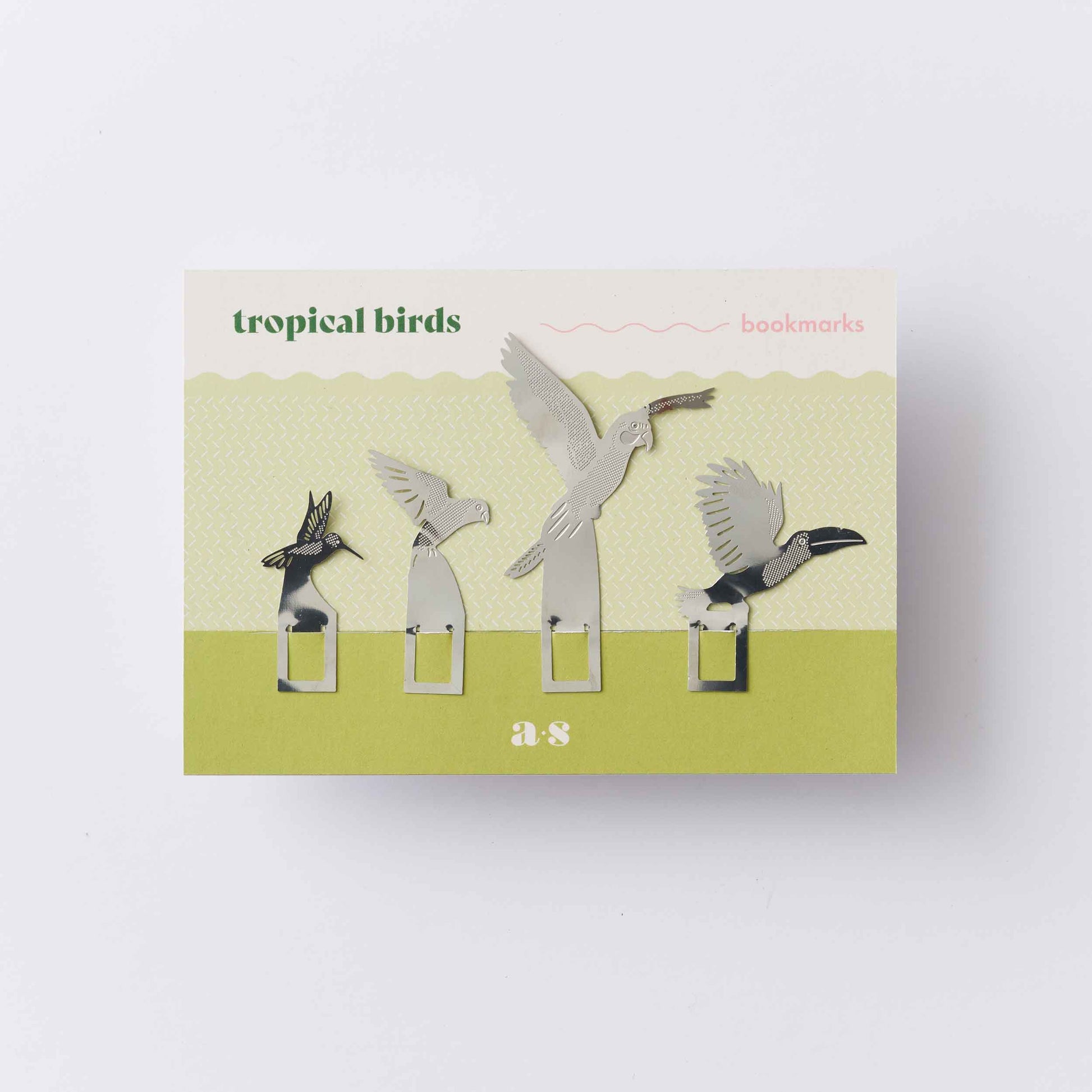 Pack of tropical bird bookmarks on a white background