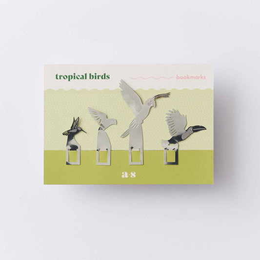 Pack of tropical bird bookmarks on a white background