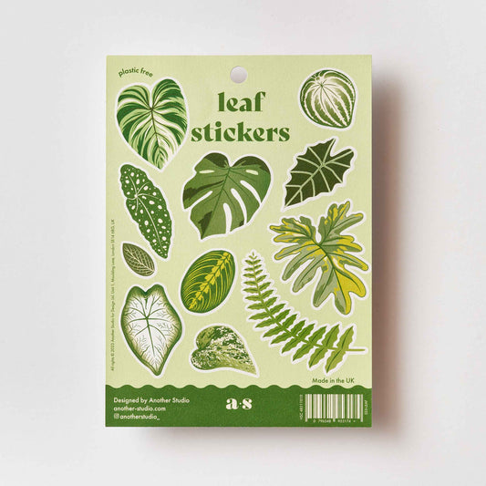 A sheet of various hand-drawn leaf stickers with a matte finish, designed by Another Studio, suitable for decorating surfaces such as notebooks and mirrors.