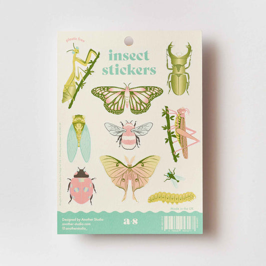 A pack of matte finish insect stickers featuring hand-drawn illustrations of a butterfly, luna moth, bumblebee, caterpillar, cicada, grasshopper, praying mantis, ladybird, stag beetle, and fly.