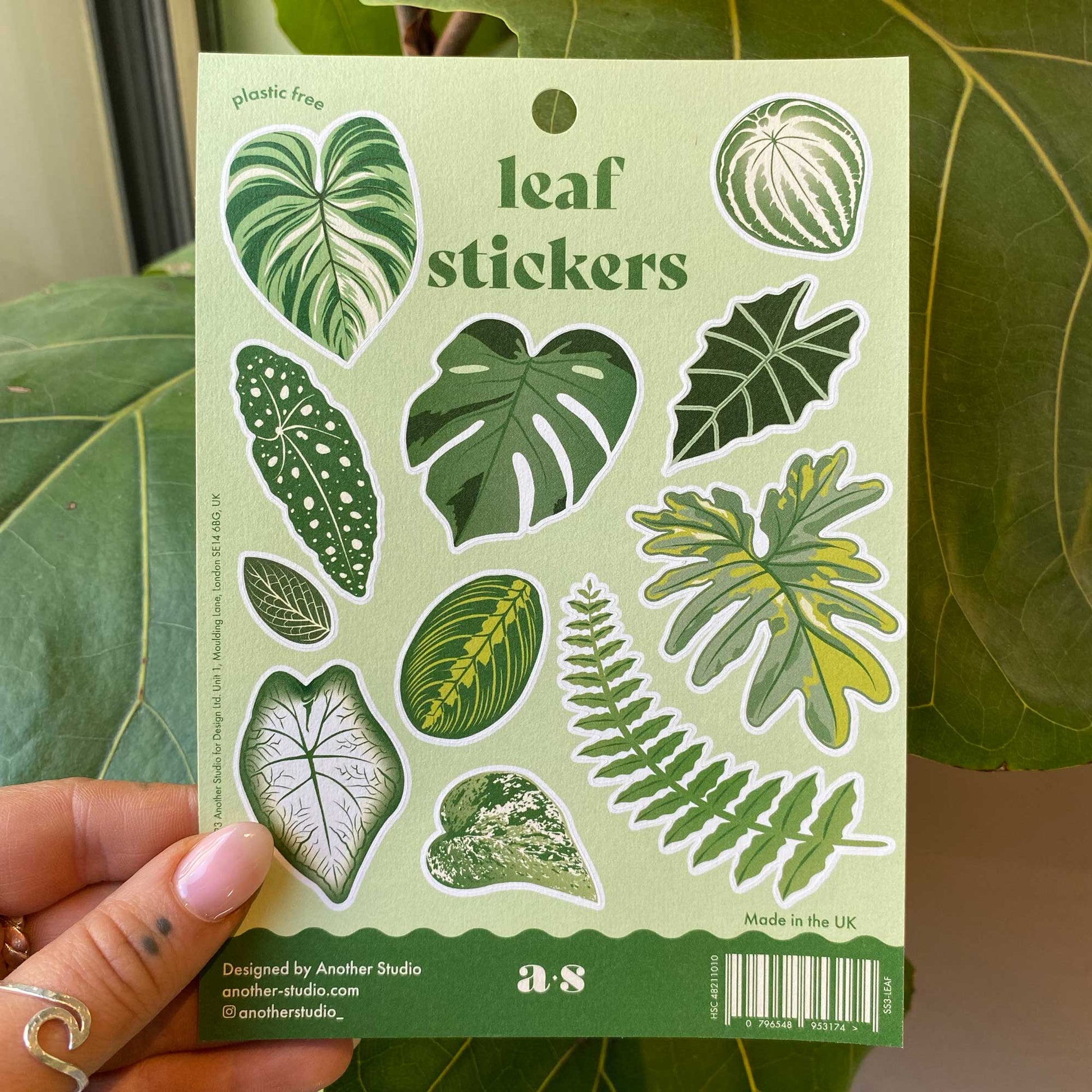 A sheet of various hand-drawn leaf stickers with a matte finish, designed by Another Studio, suitable for decorating surfaces such as notebooks and mirrors.