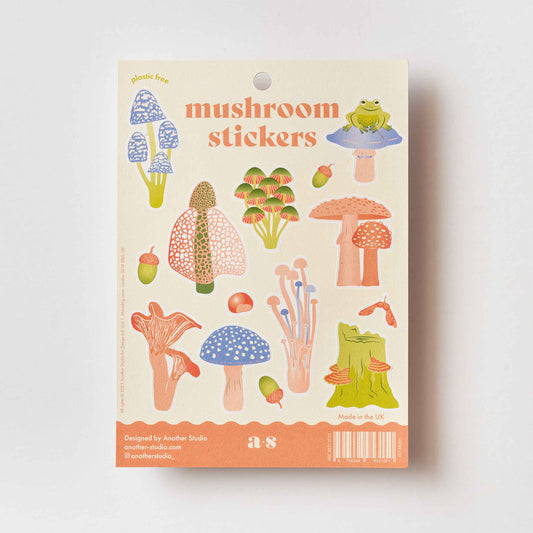 A pack of mushroom stickers with a matte finish, featuring various hand-drawn mushroom illustrations in rich colors.