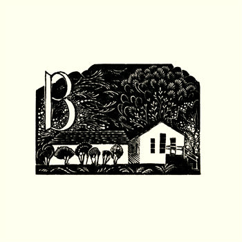 Kate Lycett,wood engraving,Hebden Bridge, A-Z,Blue Pig,print,woodland scene with trees and a building