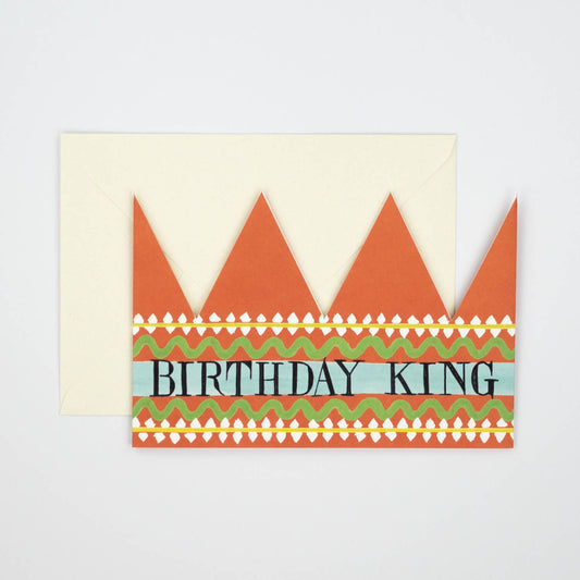 Greeting card with geometric design and 'Birthday King' text on a light gray background Crown to wear from Heart Gallery