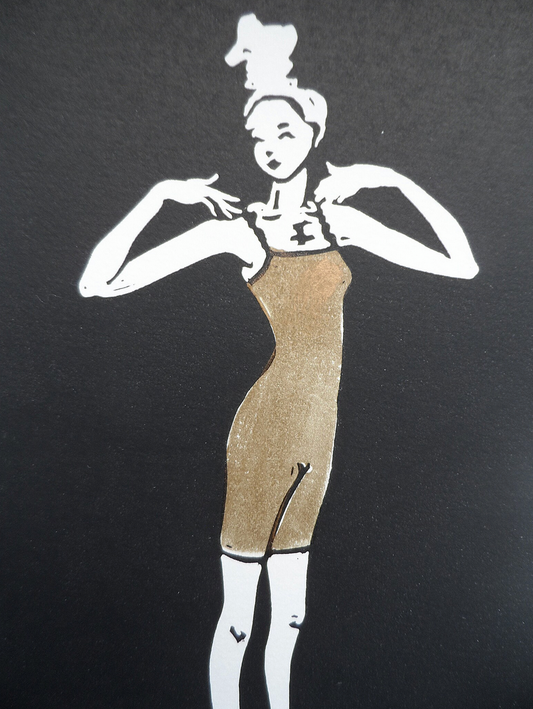 A signed and titled original linocut called Broad Shoulders by Polly Marix-Evans, depicting a figure pointing at her shoulders