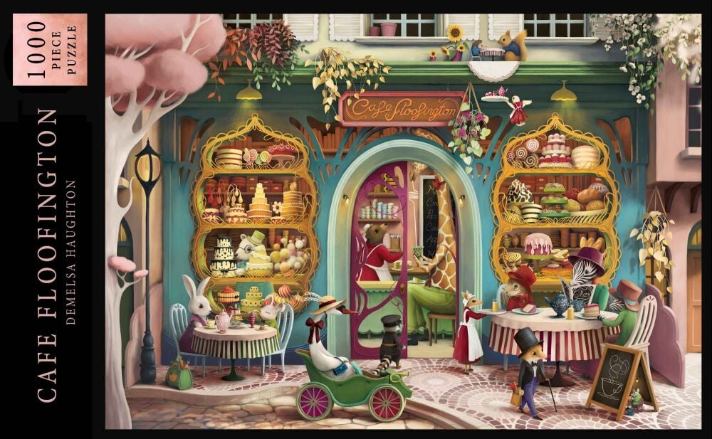 Cafe Floofington puzzle box with colorful illustration of a cafe interior.