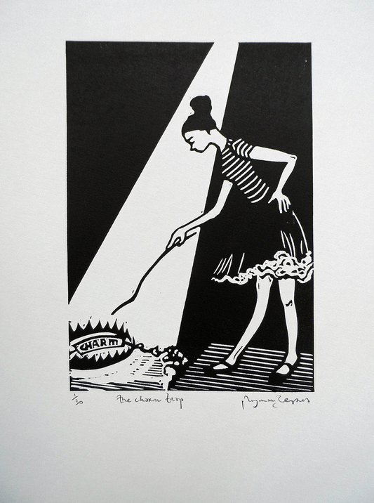 Original Linocut artwork mounted on a clipboard, depicting a black and white illustration of a person with a bun on their head, against a textured wall background.