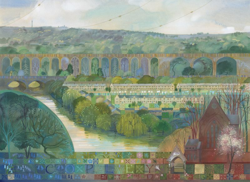 Painting of a Copley in Calderdale by Kate Lycett with a viaduct, trees, and buildings.