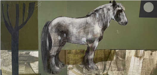 Gray horse standing in a stylized landscape with trees and a path. Cornish Horse by Mrs Bertimus