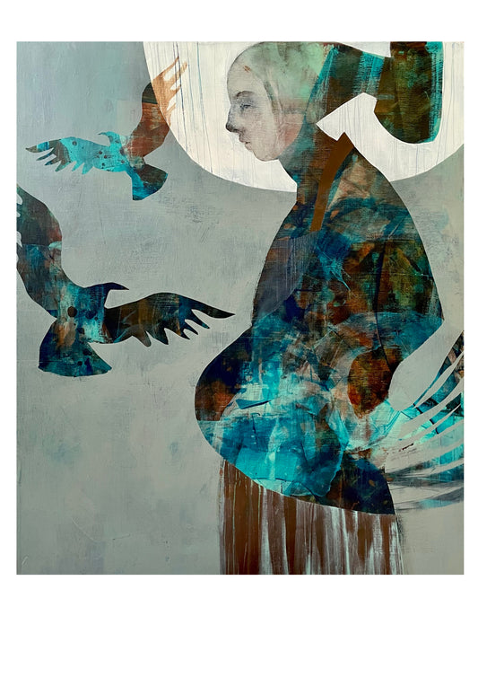 Artistic depiction of a woman with birds, using a color palette of blue, green, and brown on a light gray background. Crow Daughter by Letitia Thompson Mrs Bertimus
