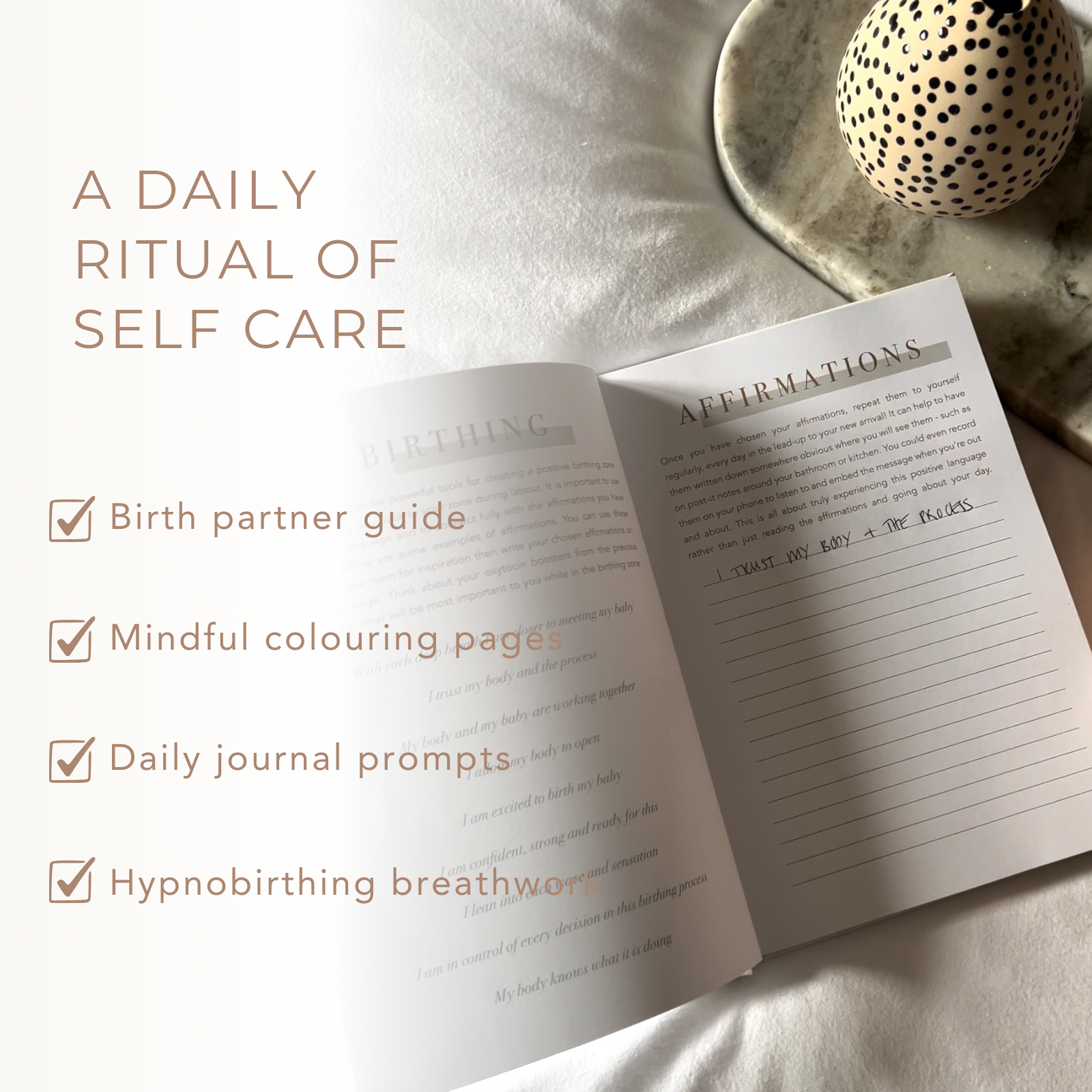 A white, undated pregnancy journal titled 'MAMA NOTES' with gold text detailing the content focus on hypnobirthing, affirmations, and gratitude. It is pictured with a label indicating it is printed and bound in the UK. LSW for Heart Gallery