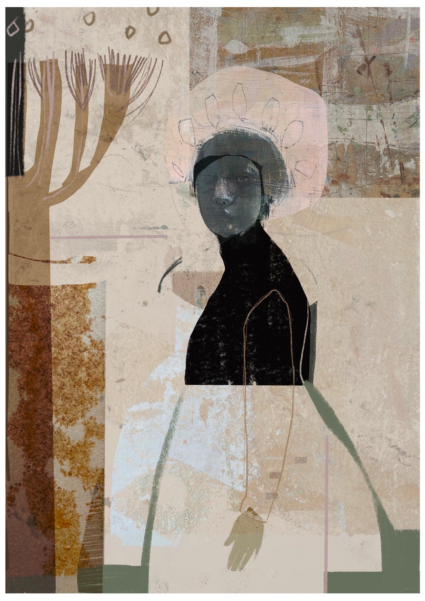 Artistic depiction of a figure with a halo against a textured background Eventide A3 print Letitia Thompson