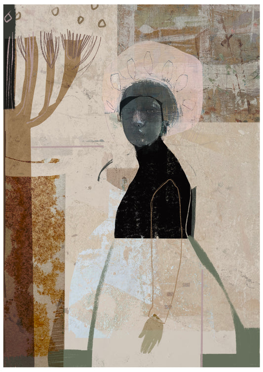 Artistic depiction of a figure with a halo against a textured background Eventide A3 print Letitia Thompson