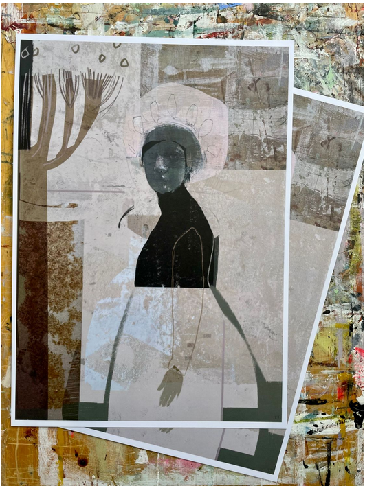 Collage art with a stylized figure and abstract elements on a textured background Mrs Bertimus