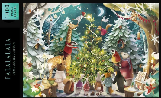 Christmas-themed puzzle with animals and decorations on a dark background
