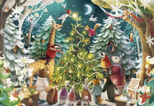 Illustration of a festive winter scene with animals and Christmas decorations.