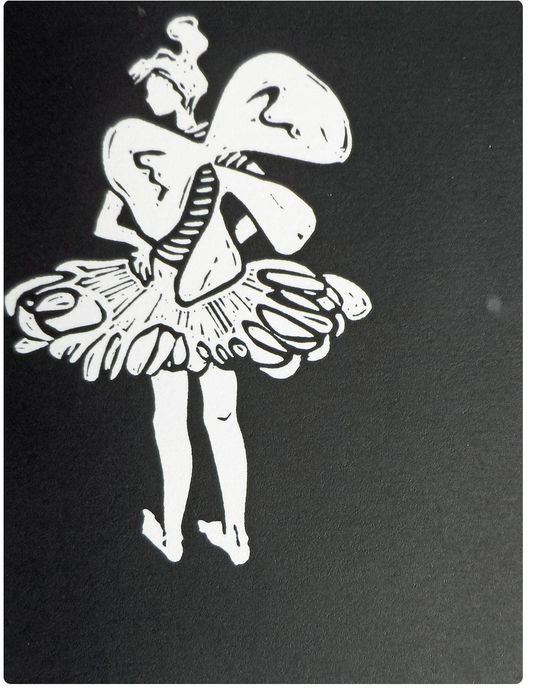 A signed and titled original linocut print by Polly Marix-Evans, depicting a fairy, mounted on white paper. 