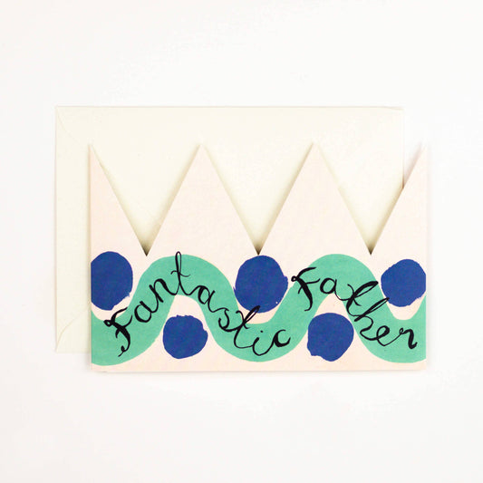 Card with 'Fantastic Father' text and blue polka dots on a white background Fathers Day or Birthday