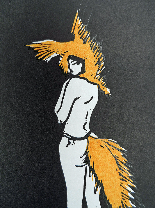 Original editioned linocut of a figure with a fox's tail, signed and titled by Polly Marix-Evans, displayed on smooth white paper with unframed copyrights reserved.