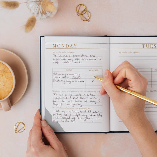 Person writing in a planner with a cup of coffee and decorative items on a table. LSW Habit notes for Heart Gallery