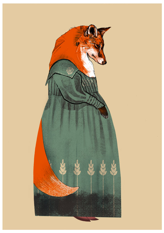 Illustration of a fox in a green dress with trees in the background on a beige background Harvest Fox by Mrs Bertimus