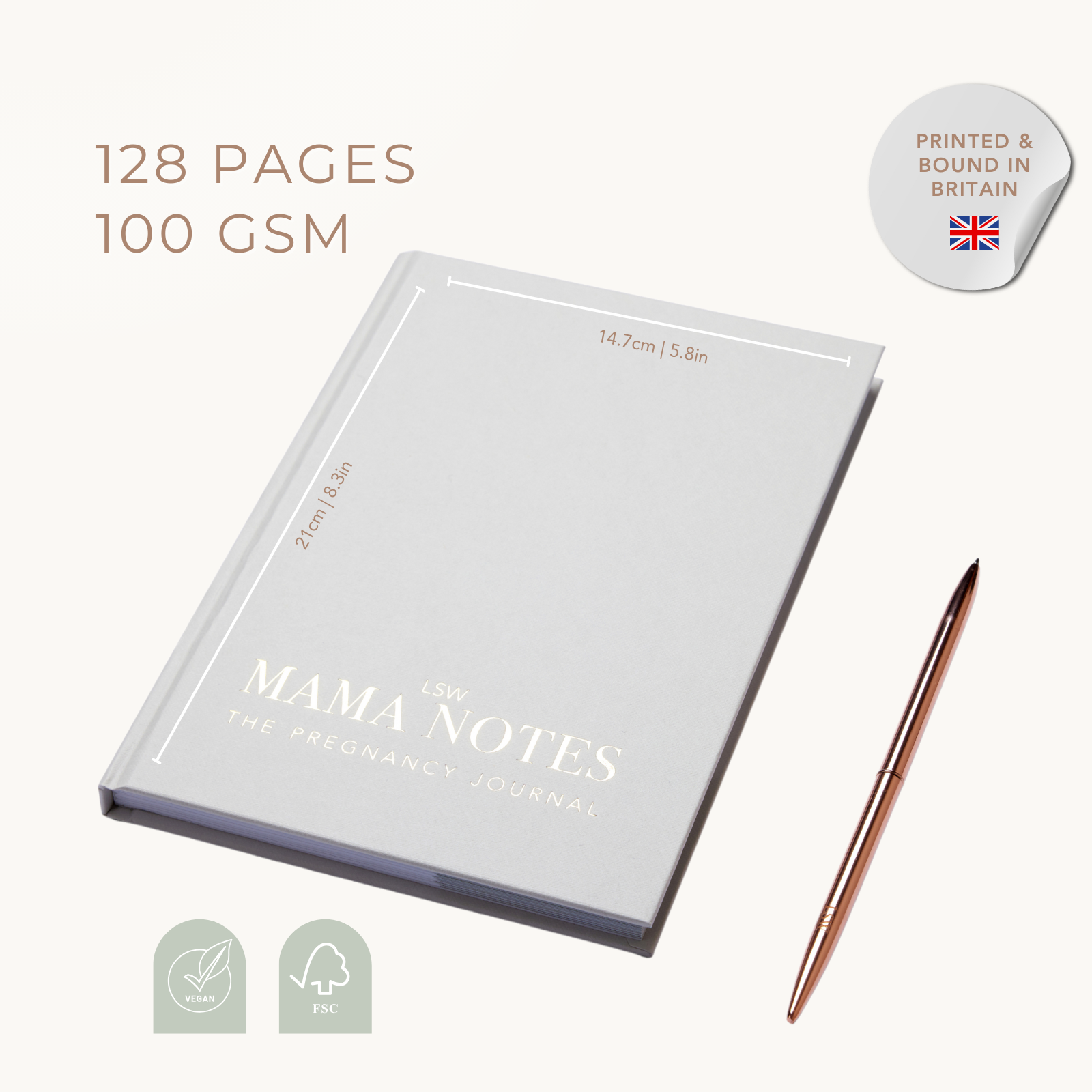 A white, undated pregnancy journal titled 'MAMA NOTES' with gold text detailing the content focus on hypnobirthing, affirmations, and gratitude. It is pictured with a label indicating it is printed and bound in the UK. LSW for Heart Gallery
