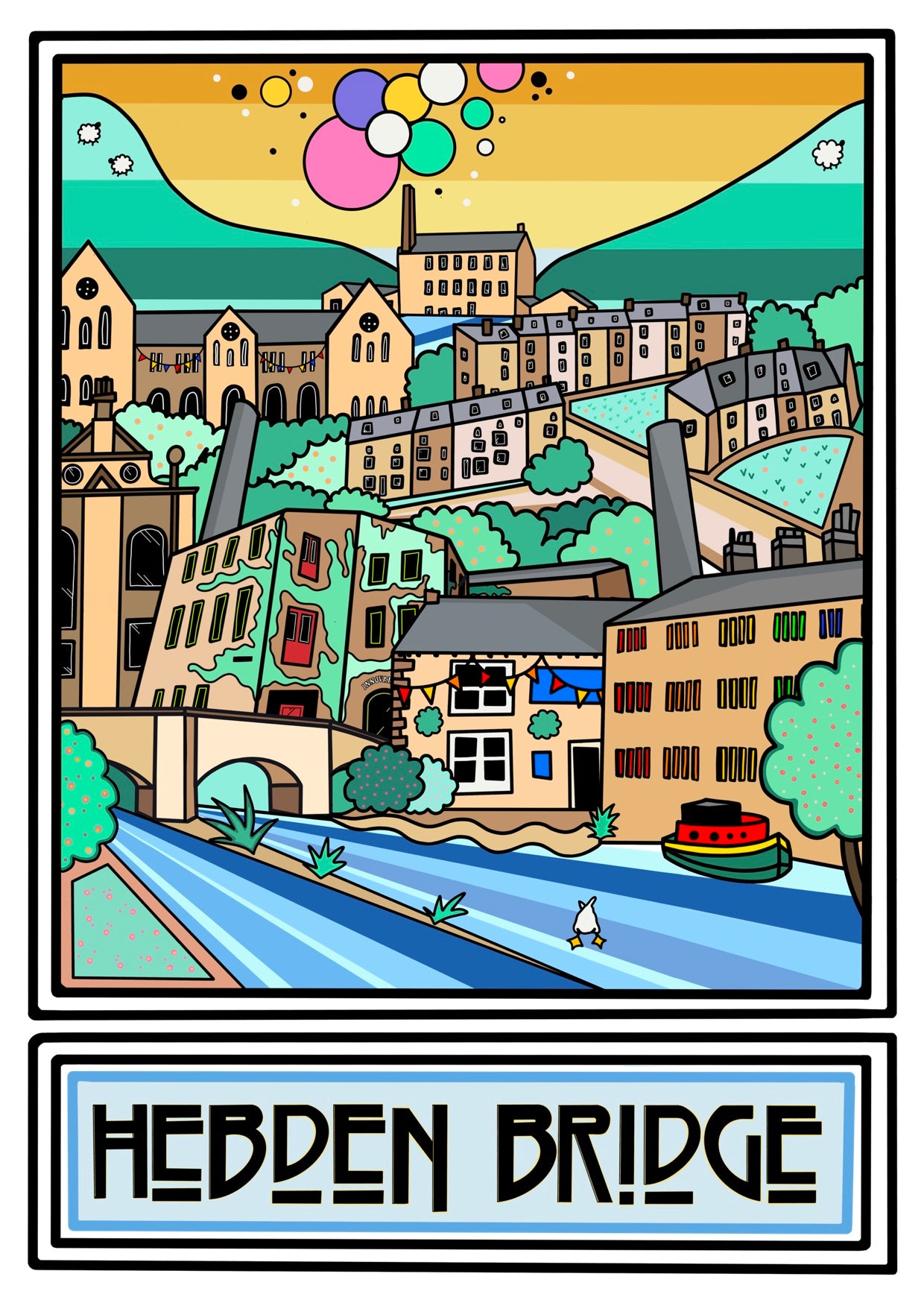 Illustration of a town with a river and buildings, featuring the text 'Hedden Bridge'. A4 print by  Lucy Parker