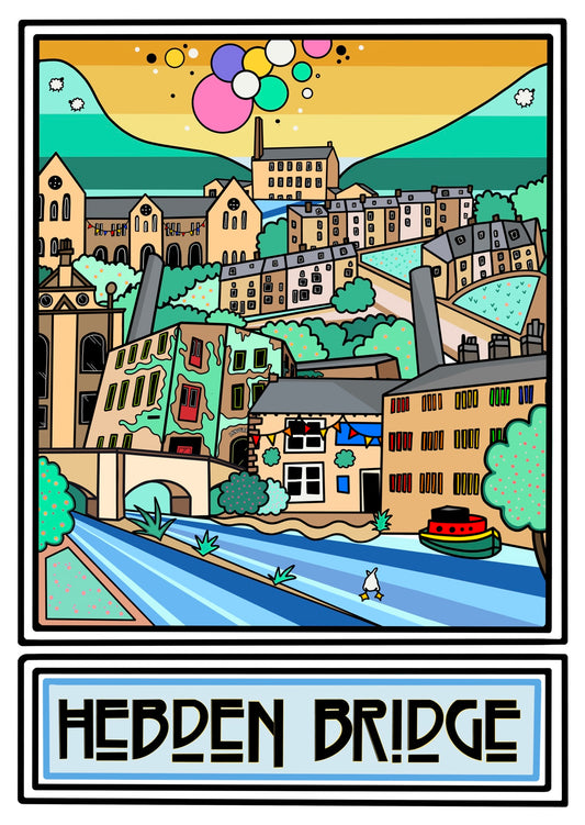 Illustration of a town with a river and buildings, featuring the text 'Hedden Bridge'. A4 print by  Lucy Parker