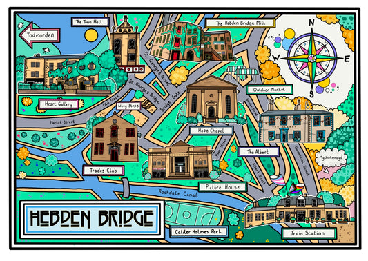 Colorful illustrated map of Hebbden Bridge with landmarks labeled Teat Towel by Lucy Parker