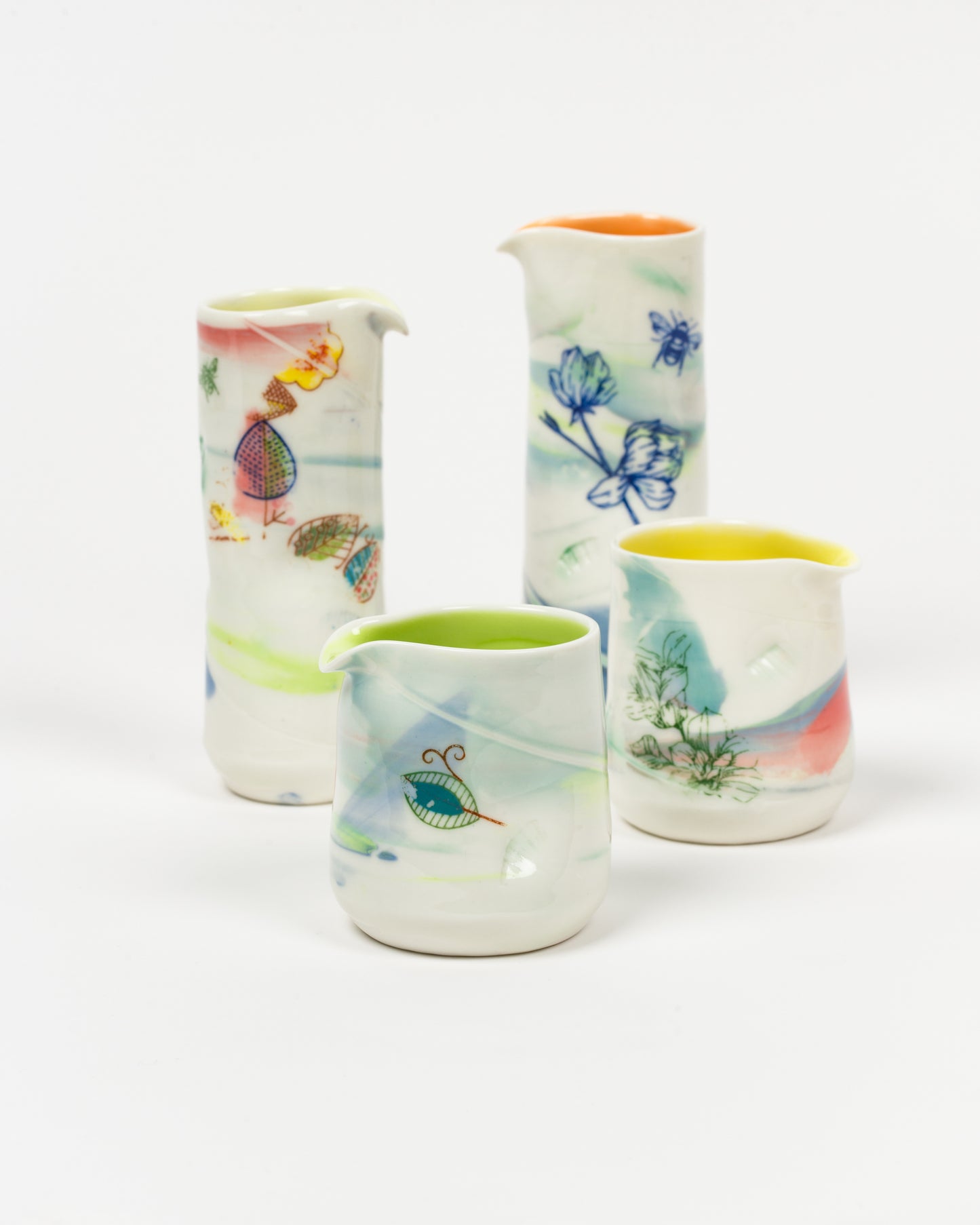 Helen Harrison hand thrown ceramic jugs multicoloured for Heart Gallery HEbden Bridge