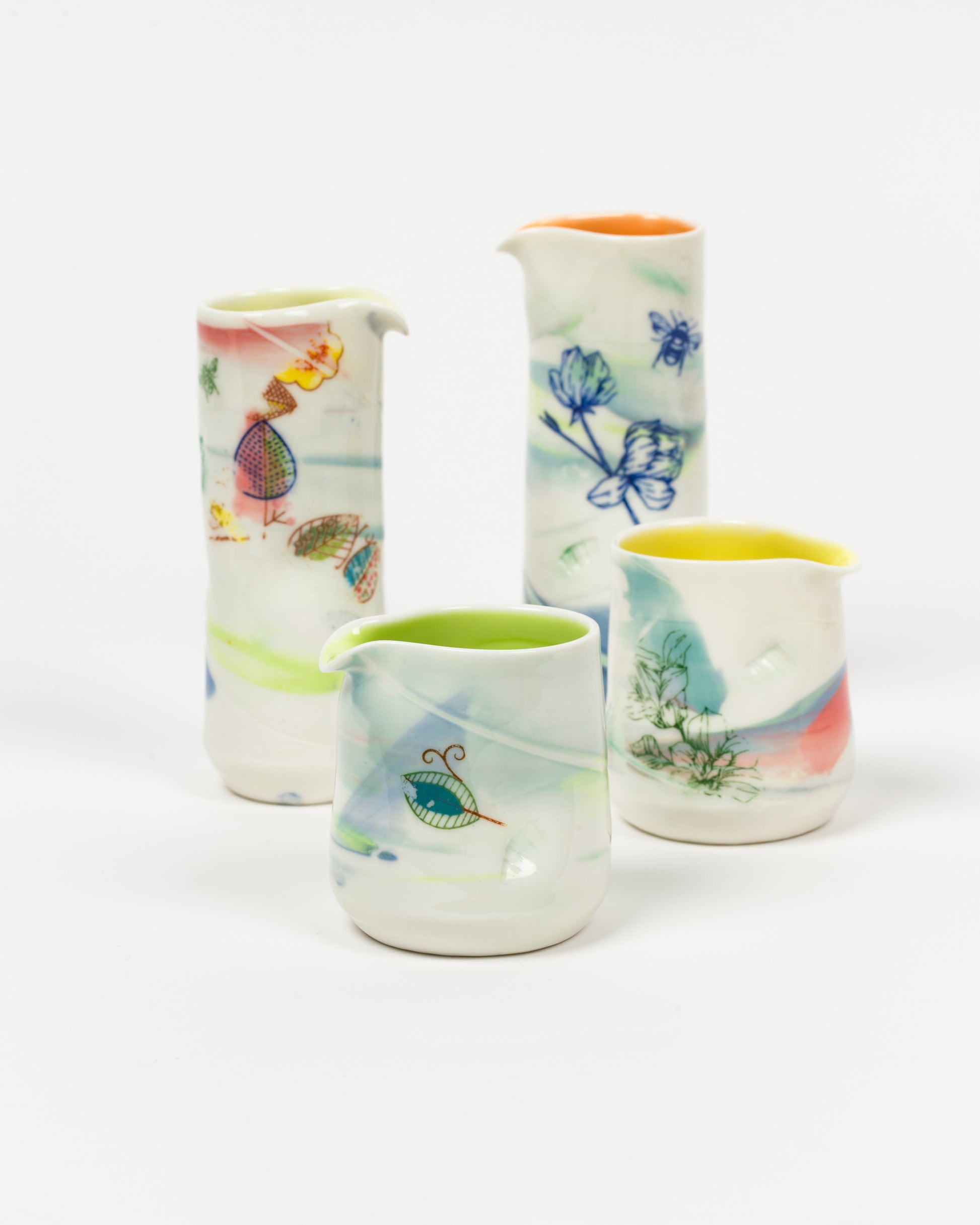 Helen Harrison hand thrown ceramic jugs multicoloured for Heart Gallery HEbden Bridge