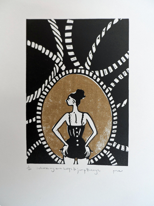 An originl linocut artwork depicting a figure with a hoop, displayed on a wooden clipboard by Polly Marix Evans