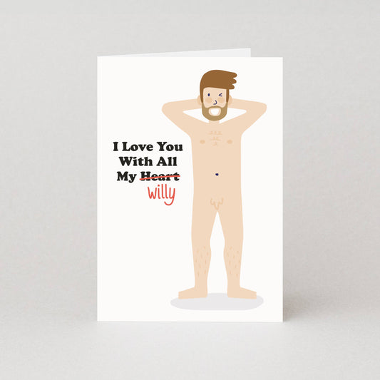 Card with a cartoon illustration of a man and text on a white background