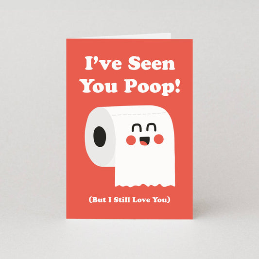 Card with cartoon toilet paper roll and humorous text on a red background