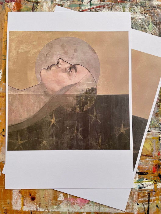 Artistic depiction of a face with a textured background If The Stars A3 print. by Letitia Thompson