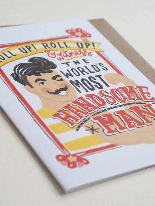 Greeting card with illustration of a man and text on a white background circus theme
