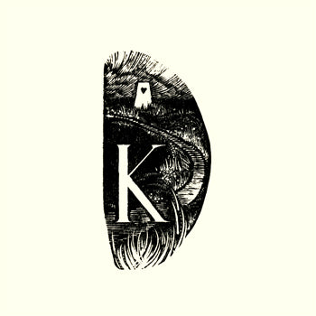 Decorative letter 'K' with a black and white design on a white background,Kate Lycett,wood engraving,Hebden Bridge, A-Z,AHigh Brow Knoll,print, trig point