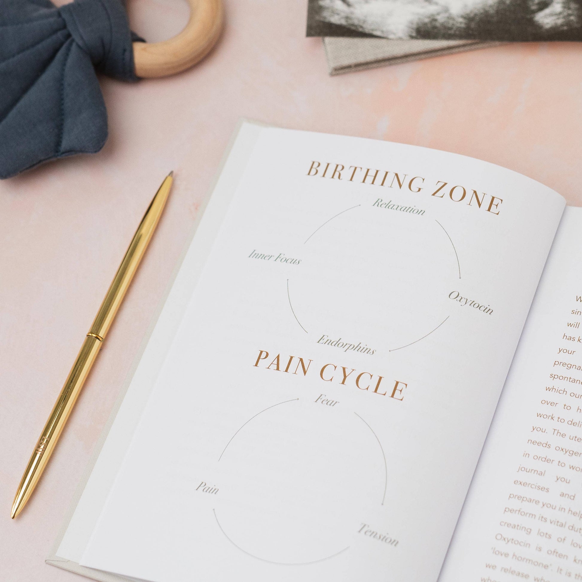 Open book titled 'Birthing Zone' with a pen on a pink surface