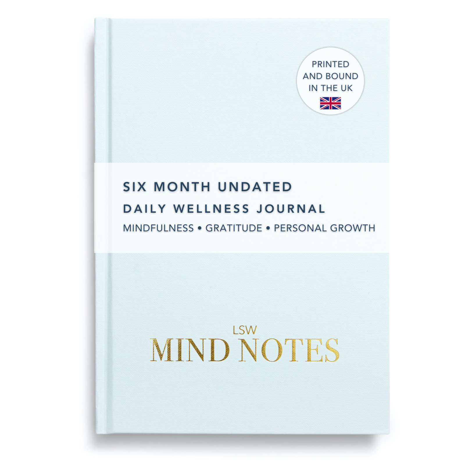 A light blue, undated daily wellness journal titled 'Mind Notes' with gold text, placed on a plain background.