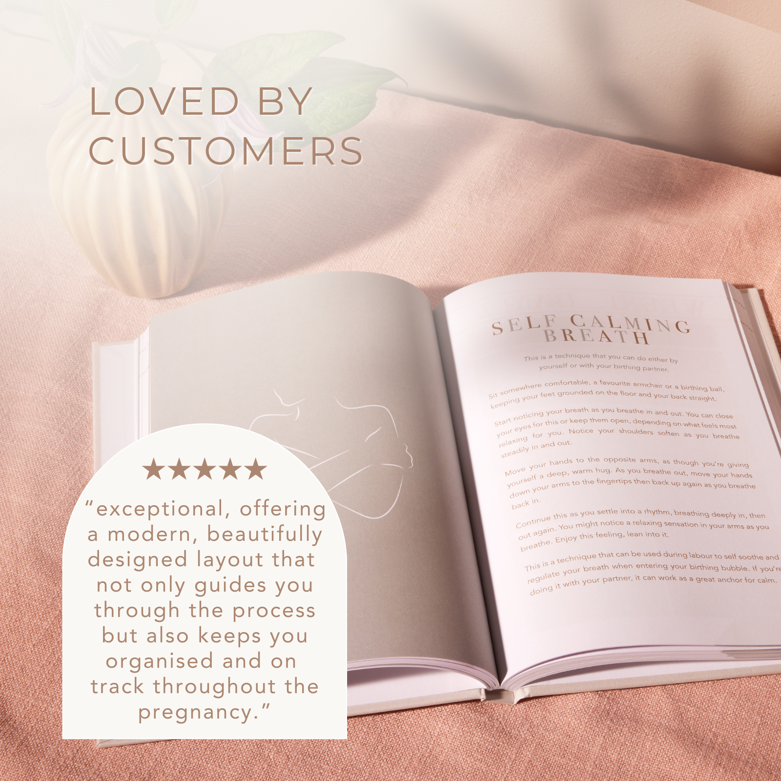 A white, undated pregnancy journal titled 'MAMA NOTES' with gold text detailing the content focus on hypnobirthing, affirmations, and gratitude. It is pictured with a label indicating it is printed and bound in the UK. LSW for Heart Gallery