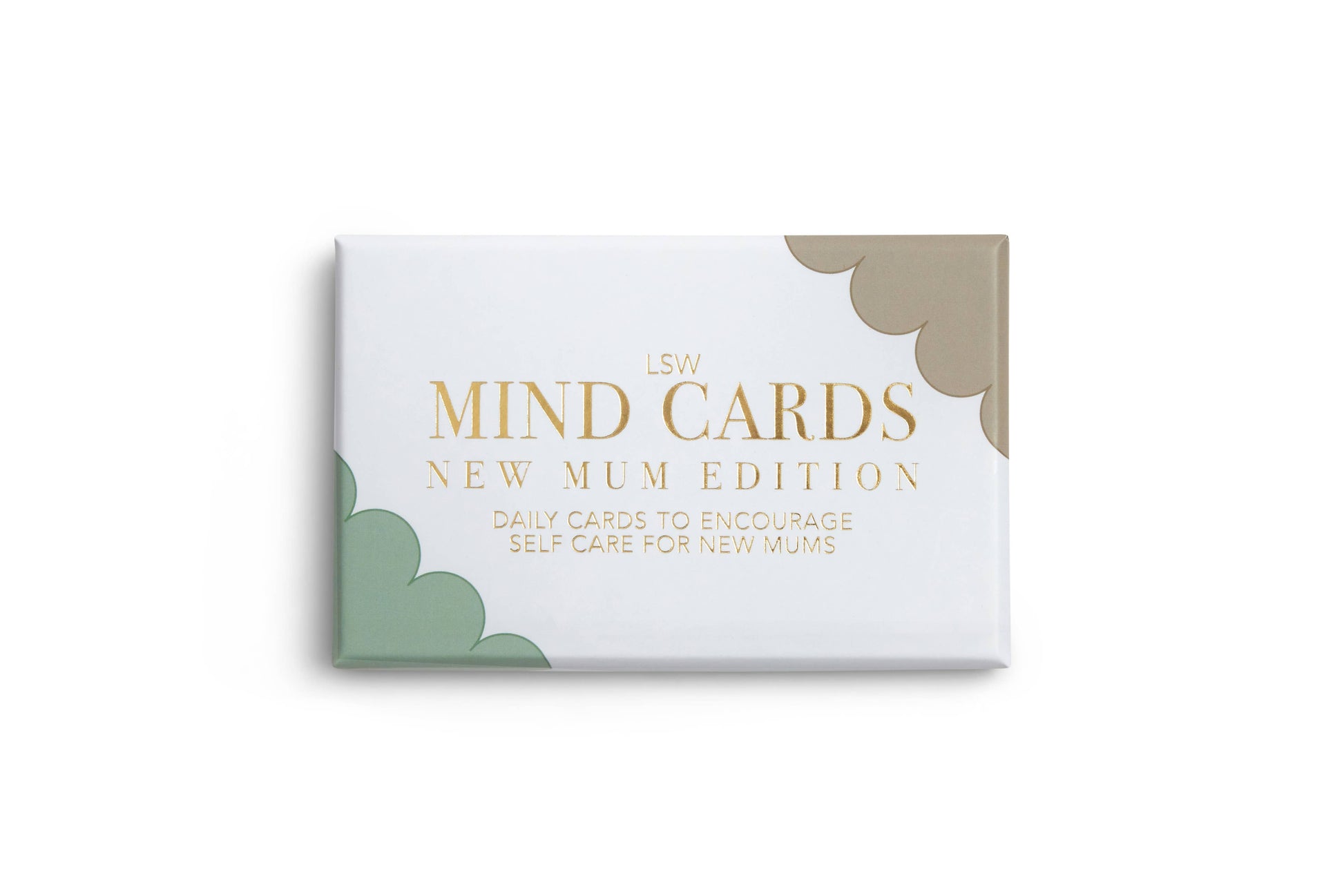 Packaging for 'Mind Cards: New Mum Edition' featuring text and abstract designs in white, green, and beige colors