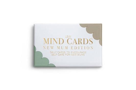 Packaging for 'Mind Cards: New Mum Edition' featuring text and abstract designs in white, green, and beige colors