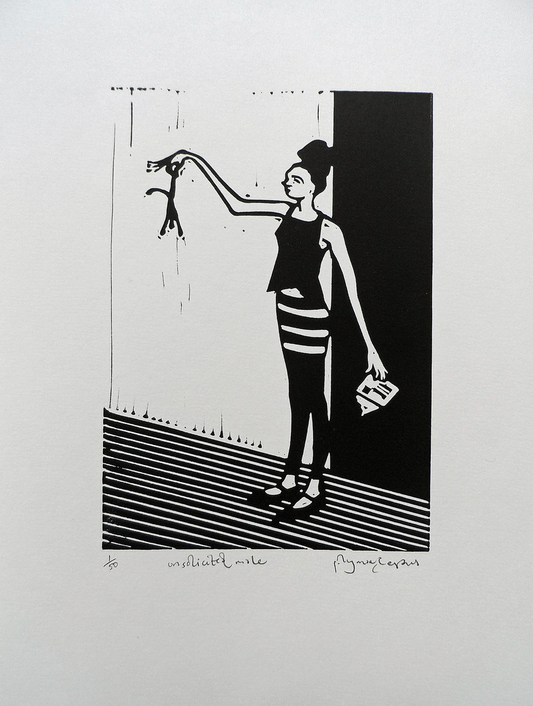 A signed and titled original linocut by Polly Marix-Evans mounted on a clipboard, depicting a black and white print of a person reaching upwards holding a small male