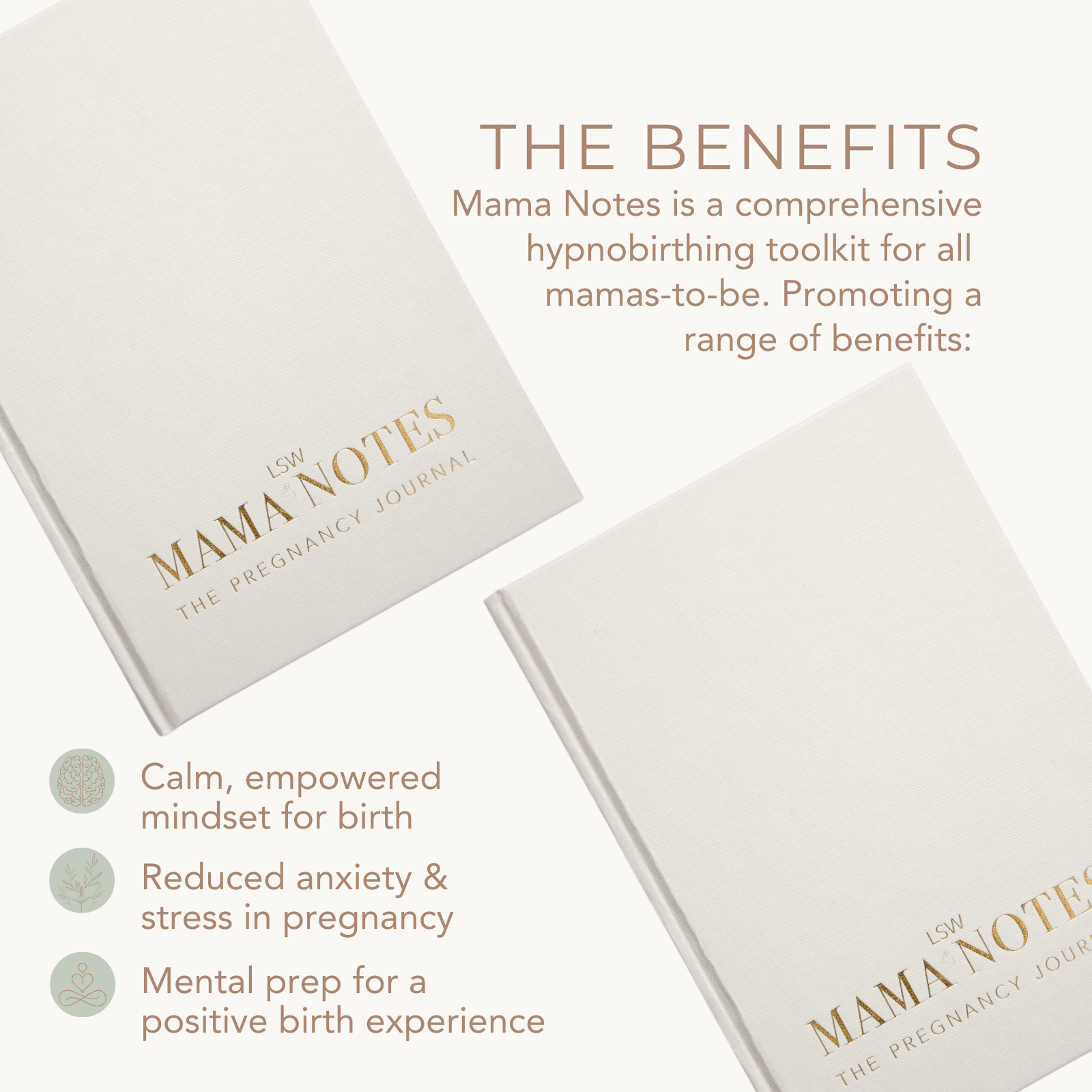A white, undated pregnancy journal titled 'MAMA NOTES' with gold text detailing the content focus on hypnobirthing, affirmations, and gratitude. It is pictured with a label indicating it is printed and bound in the UK. LSW for Heart Gallery