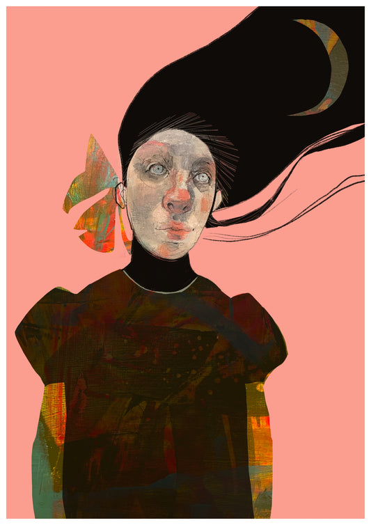 Artistic illustration of a person with flowing hair on a pink background Moongazer A3 print by Letitia Thompson Mrs Bertimus